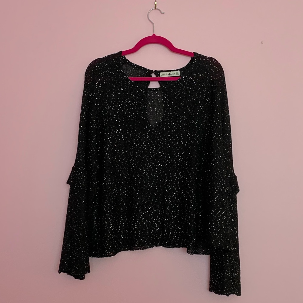 Zara Sequin Knit Ruffle Sleeve Sweater